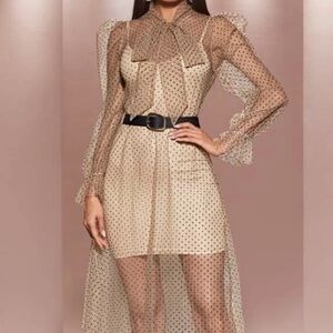 Nude Polka Dot Tie Neck with Sheer Overlay Maxi Dress - Size L